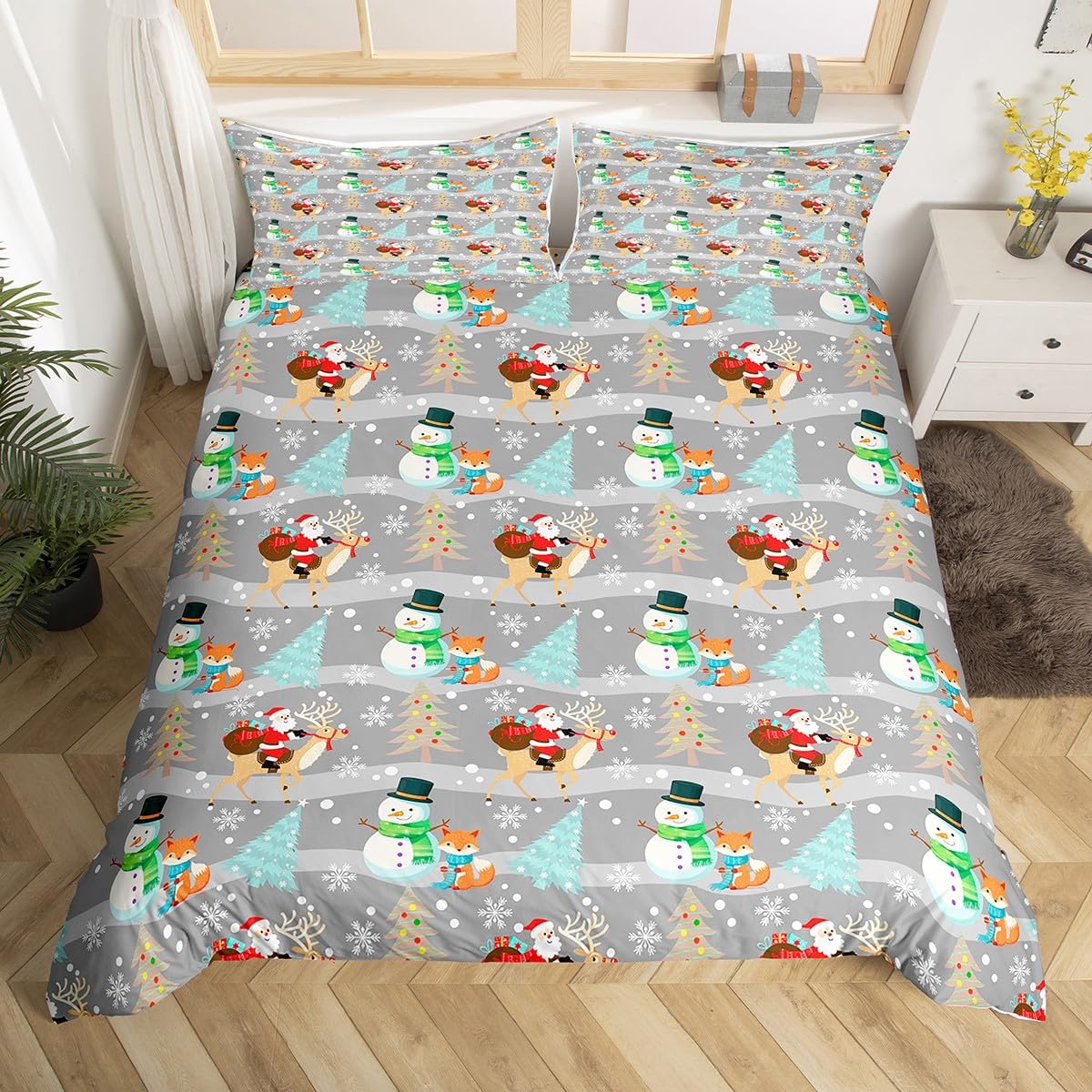 

Christmas Duvet Cover Twin Queen Xmas Tree Snowflake Snowman Print Comforter Cover Microfiber Cartoon Bedding Set New Gift AU Single(140x210cm)