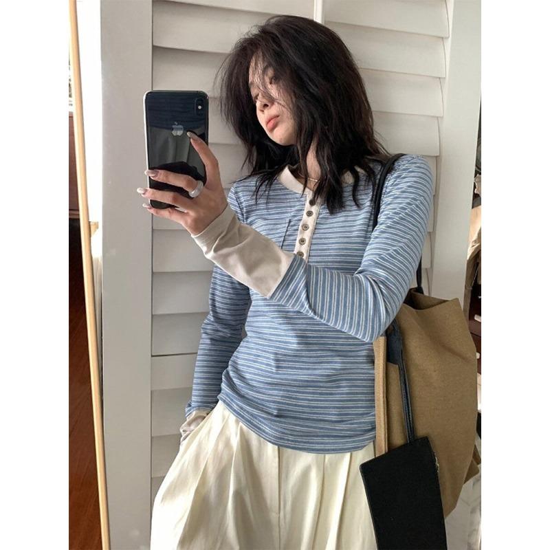 Color Matching Striped Button-up Henry Collar Bottoming Shirt Top Women's Autumn Front Shoulder Slim-fitting Long-sleeved Design Fashionable Shirt