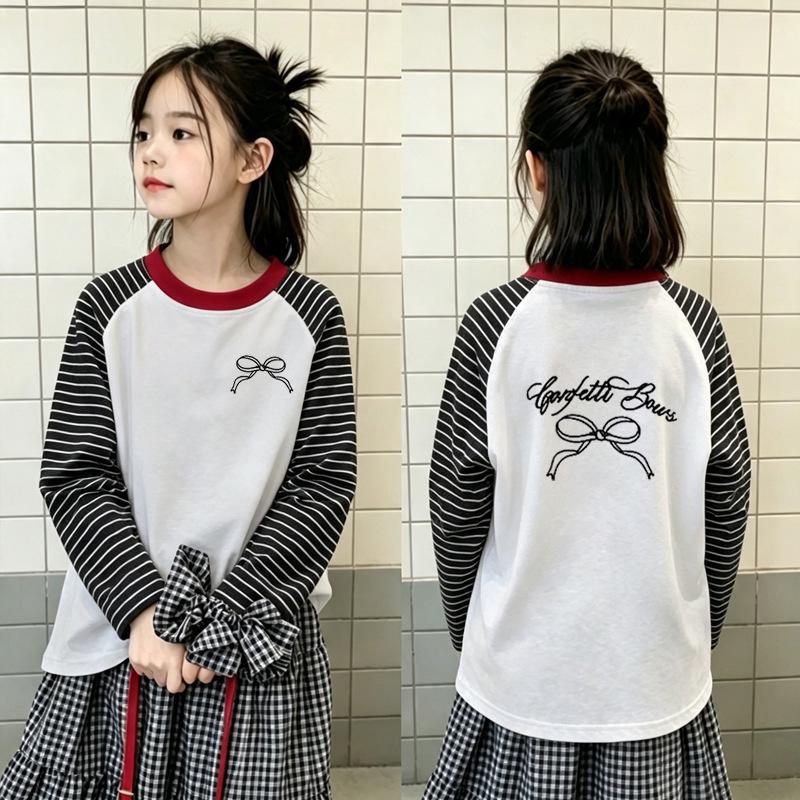 Girls' Striped Cotton Long-Sleeve T-Shirt, Spring/Autumn Style, Loose Fit, Versatile Patchwork, Round Neck, Medium to Large Sizes