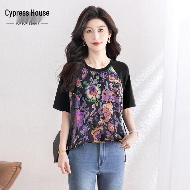 Women s Round Neck Floral Print Short Sleeve T-shirt L