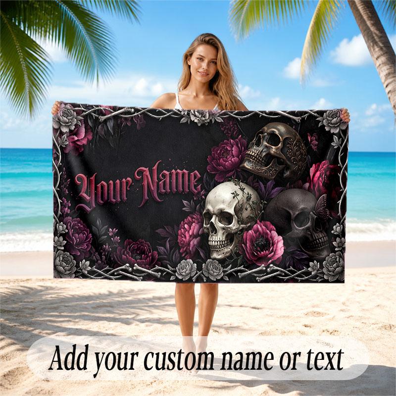 Skull Gothic Theme Beach Towel Personalized Custom Name & Text Soft Quick Dry Beach Towel for Swimming Travel