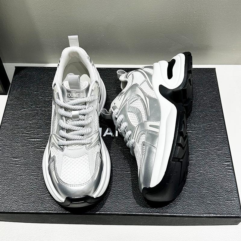 Fashion Casual Thick Sole Mesh Breathable Height Increasing Tenis Shoes Lace Up Sneakers Women Casual Thick Sole Sneakers 35-40