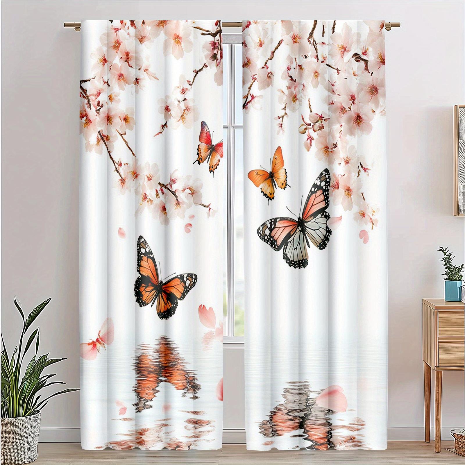 

Garden Cherry Blossom Butterfly Pattern Curtains Polyester Suitable Bedroom Living Room Decoration Curtain For Made Of Machine Washable W100*H70(CM)-Grommet top&2PCS