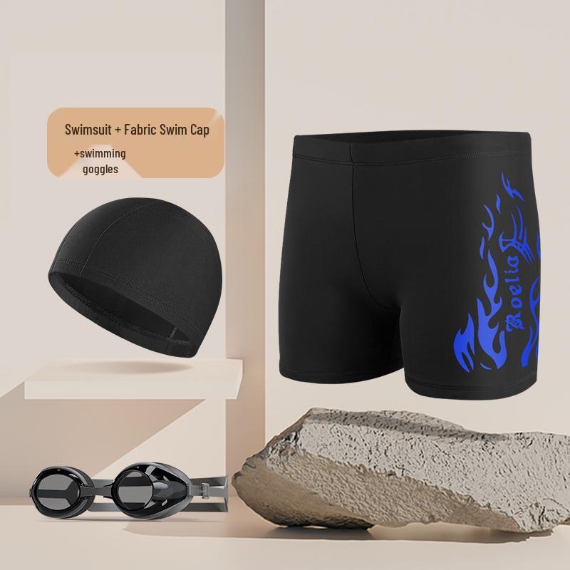 Nylon Flame Men's Swim Trunks & Goggles Set - Quick-Dry Square Leg Training Swimwear