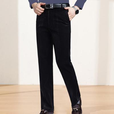Mid-aged Men Pants Corduroy Solid Color Soft Plush Straight Wide Leg High Waist Button Zipper Closure Formal Business Style Long