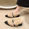 Mode Damen Baumwollschuhe mit dickem Absatz Winter Neu Spitzschuh Flacher Ausschnitt Perlen Anti-Rutsch Abriebfest Low-Top Baumwollstiefel