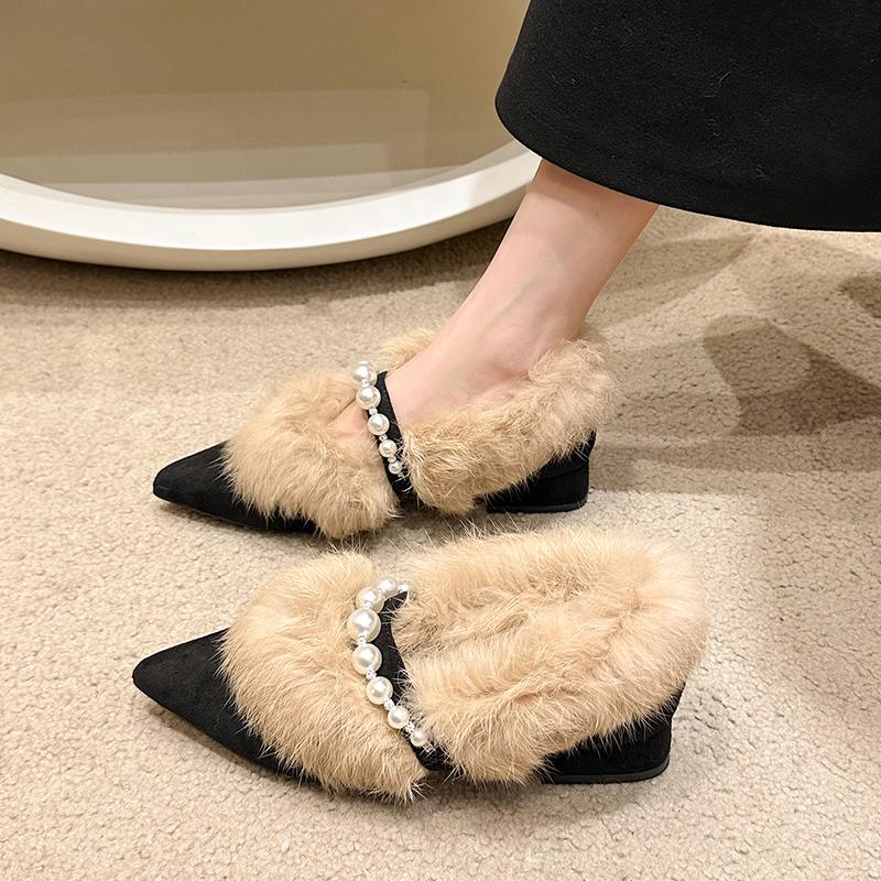 Mode Damen Baumwollschuhe mit dickem Absatz Winter Neu Spitzschuh Flacher Ausschnitt Perlen Anti-Rutsch Abriebfest Low-Top Baumwollstiefel