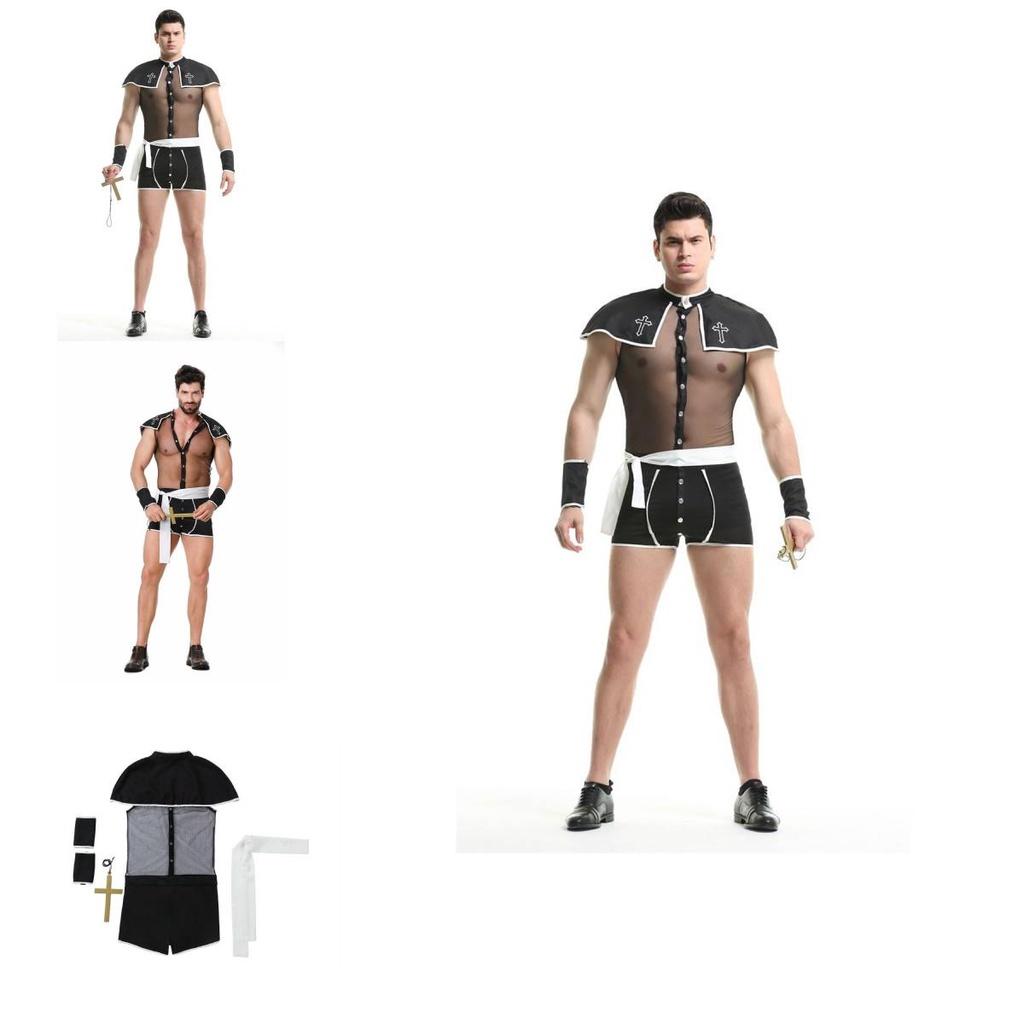 2023 New European And American Men's Adult Nightclub Sexy Mesh Bodysuit Priest Roleplay Costume