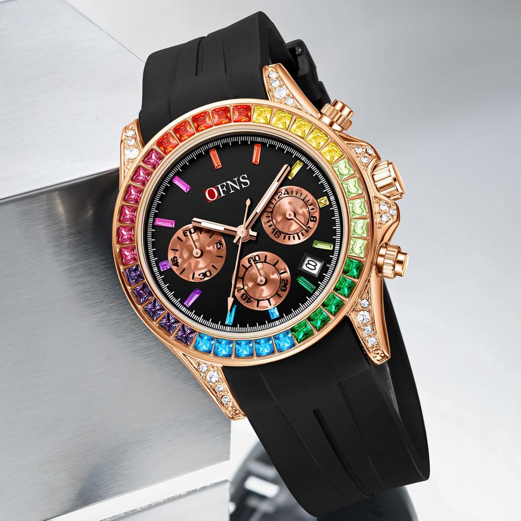 Pánské hodinky Rainbow Diamond Chronograph Šestiprsté Quartzový strojek Voděodolné Kalendář Noční osvětlení Luxusní pánské hodinky