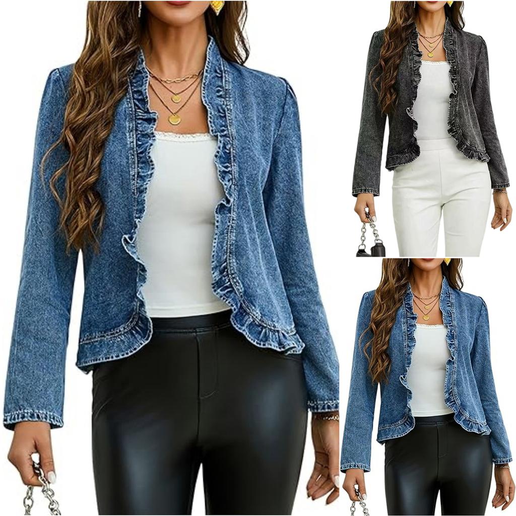 Women's Fashion Solid Color Denim Long Sleeve Short Jacket with Ruffle Trim Casual Lightweight Outerwear for Daily Wear