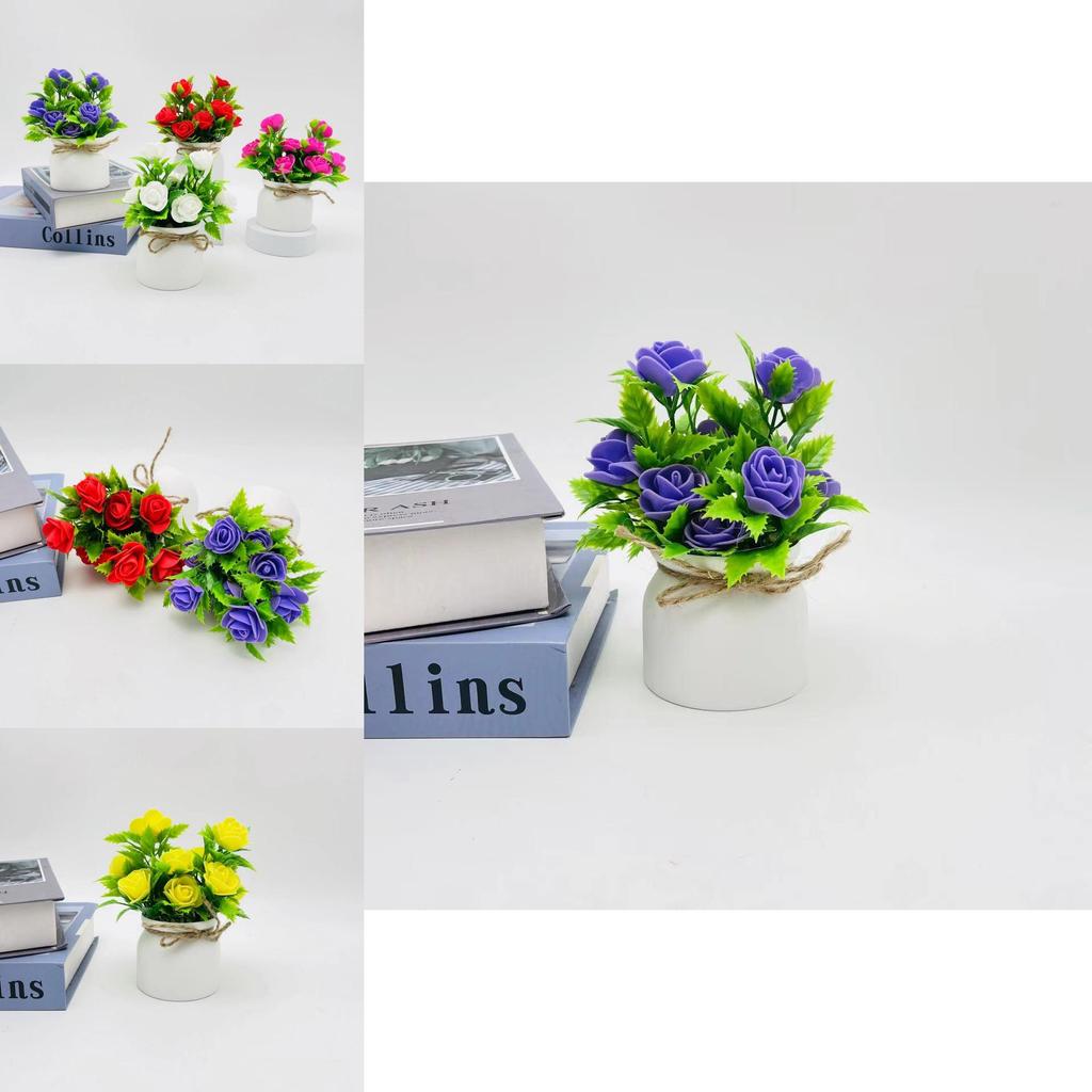 Plastic Foam Rose Miniature Indoor Plant With Butterfly Bow For Home Decor And Photography Props