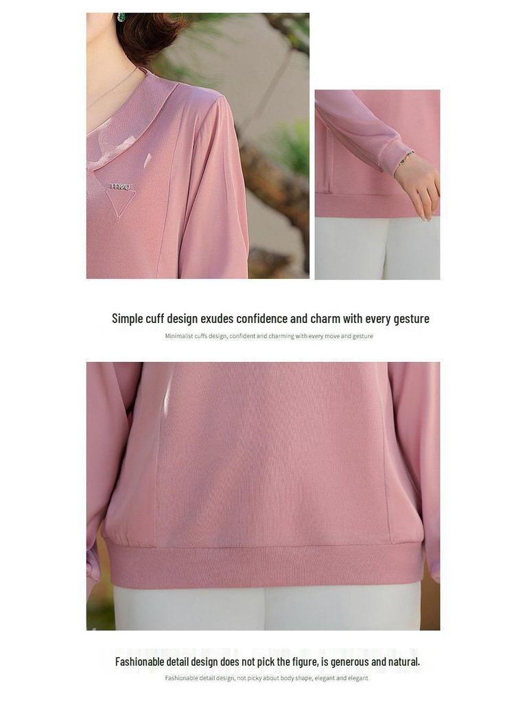 2025 Spring & Autumn Elegant Long Sleeve Lapel T-Shirt for Middle-Aged and Elderly Women - Tummy Covering Base Layer