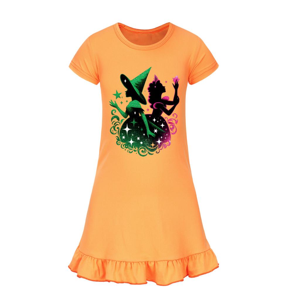 

Детское платье для девочек с принтом ведьмы, с оборками, с короткими рукавами, повседневное 160cm оранжевый