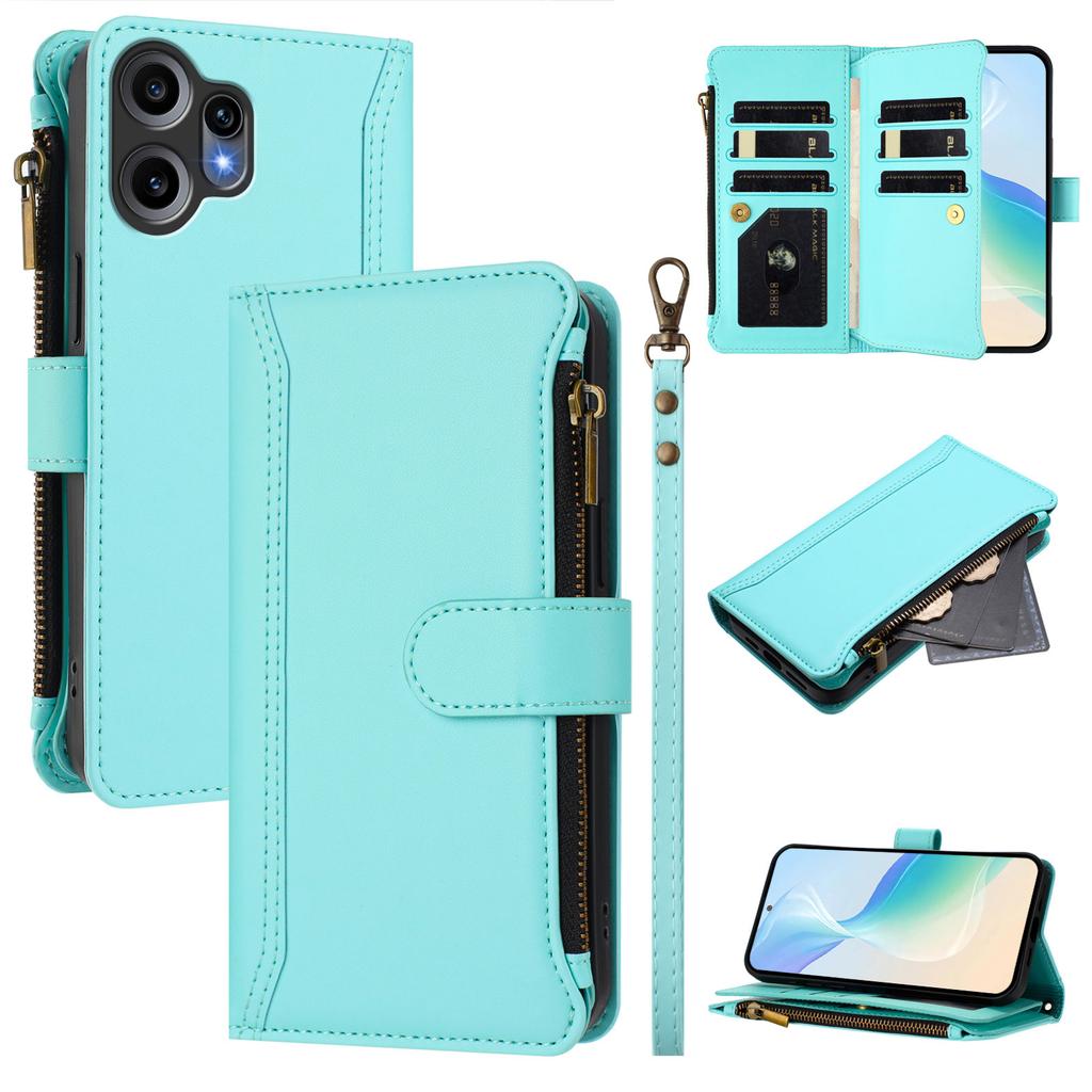 For Nothing CMF Phone 2 Pro Leather Case 9 Card Slots Zipper Wallet Stand Phone Cover with Wrist Strap