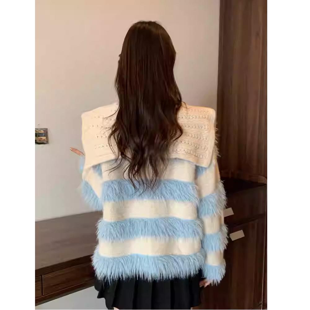 2024 Autumn/Winter Age-Defying Doll Collar Patchwork Stripe Plush Knit Sweater in Lazy Style