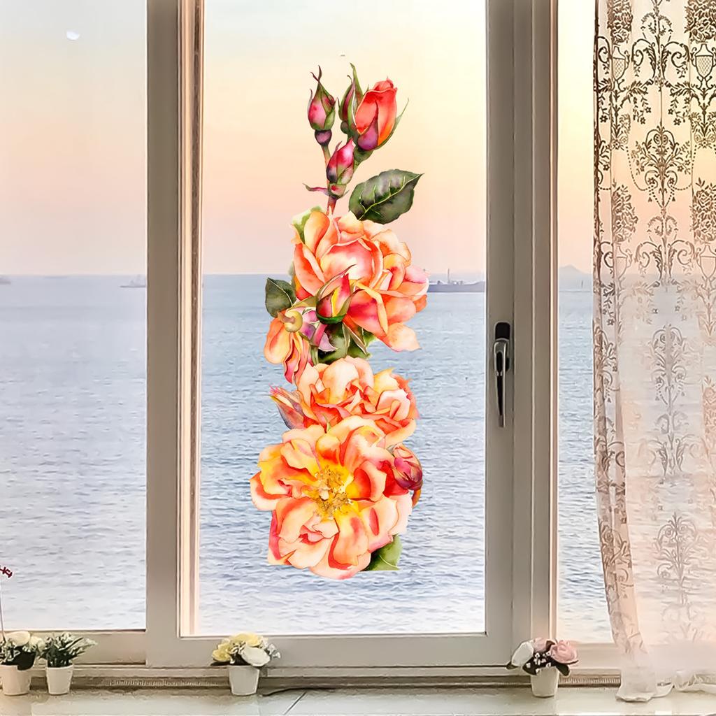 Watercolor Orange Rose Static Cling Wall Sticker for Living Room Balcony Entryway Home Decor