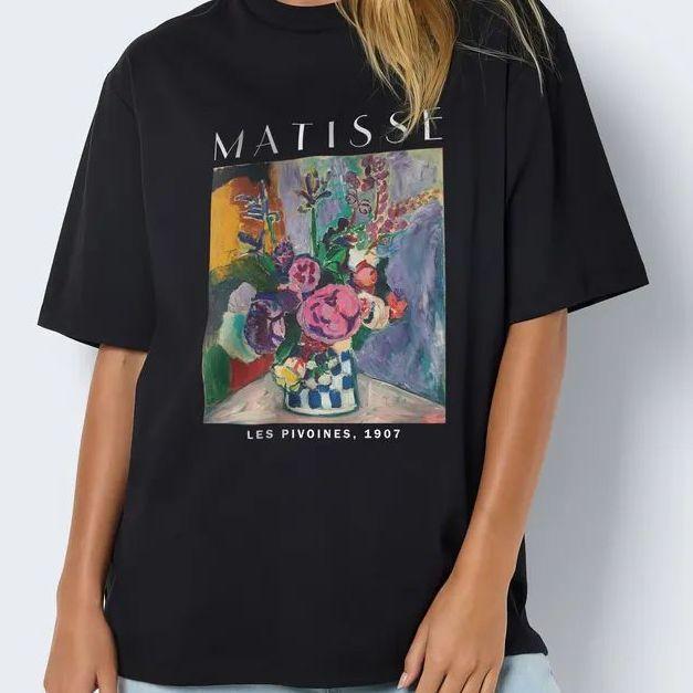 

2026 Chic Elegant Black Cotton Womens TShirt Matisse Les Pivoines 1907 Fauvism Art Floral Print Casual Fit Graphic Tee 4XL