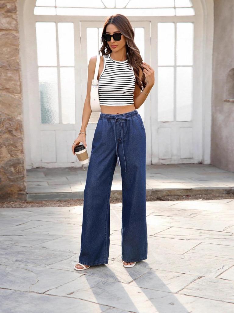 Jeans de Mujer de Cintura Alta, Sueltos, Pierna Ancha, Elásticos, con Cordón