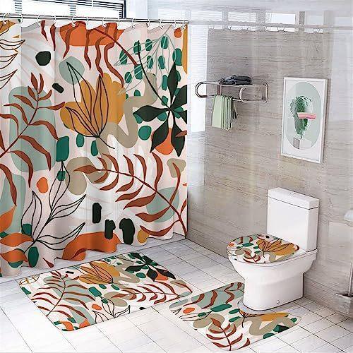Flower Watercolor Field Flower Shower Curtain With 4 Pieces Absorbent Bathroom Mat Bathroom Curtain With Soft Bath Wheel U-Shaped Mat