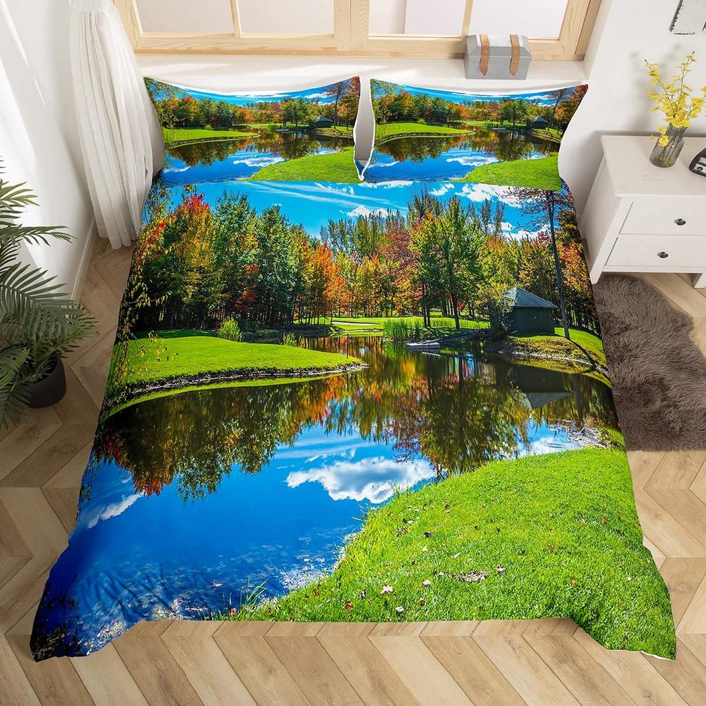 Nature River Bedding Set Starry Sky Duvet Cover Set Mountain River Forest Moon Printed Design Natural Landscape Comforter Cover