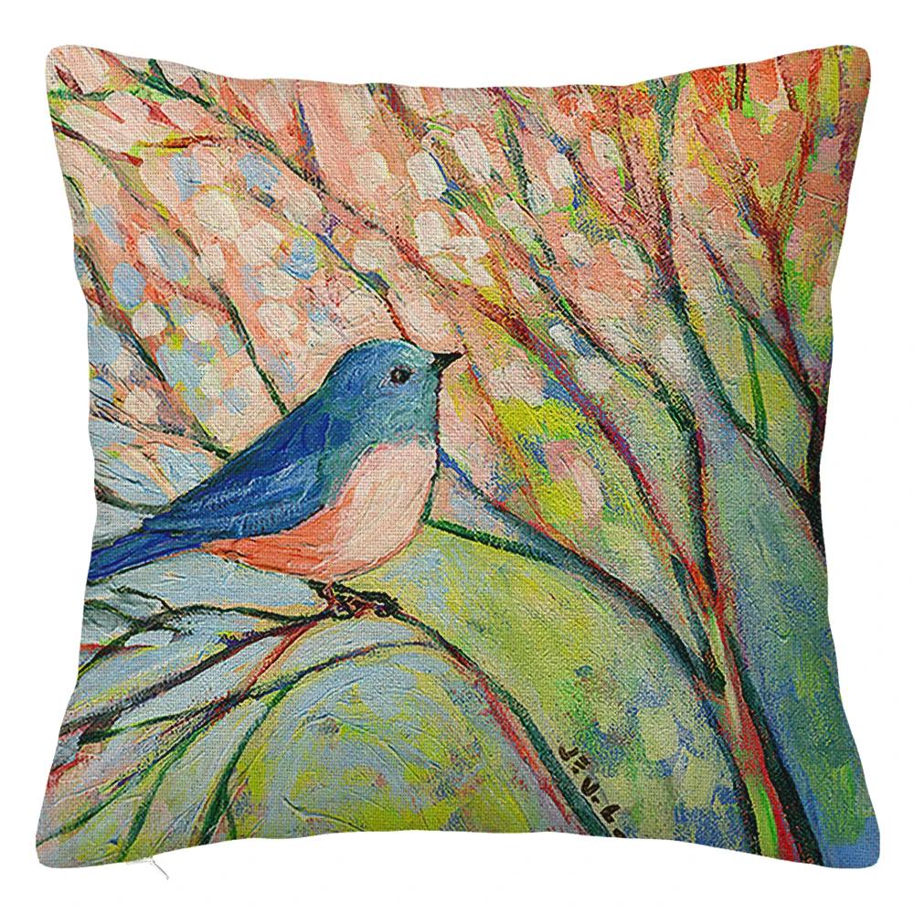 Branch Bird Flower Linen Pillowcase Sofa Cushion Cover Home Decoration Can Be Customized for You 40x40 50x50 60x60 45x45