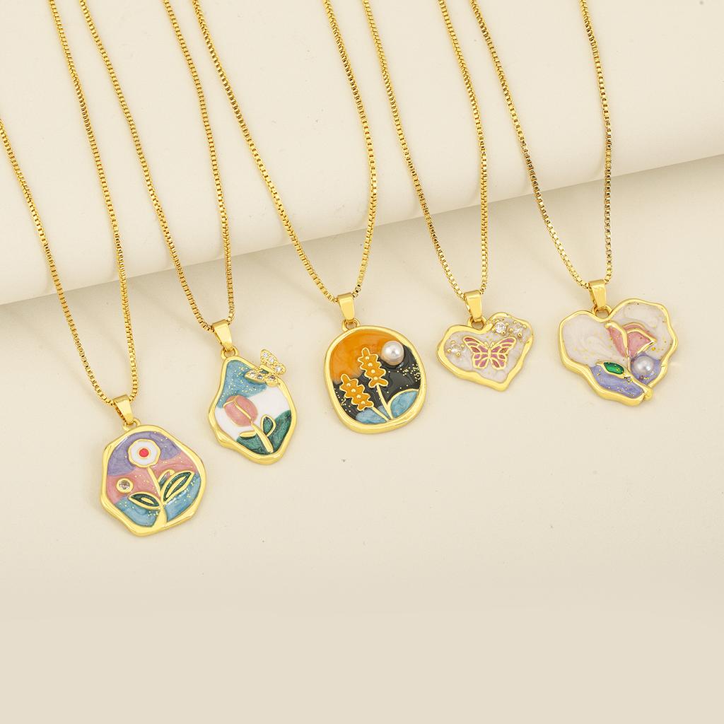 Nidin Hot Sale Flower/Butterfly Art Design Enamel Oil Drop Pearl Charm Pendant Necklace For Women Heart/Round Delicate Jewelry
