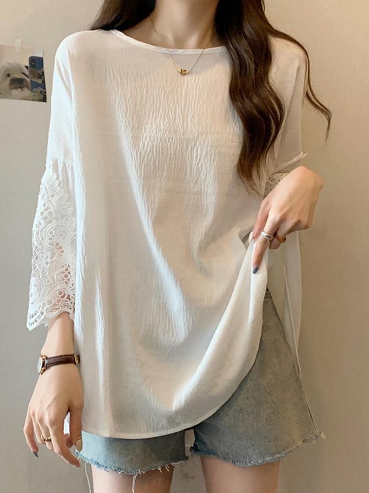 Plus Size O-Neck Spliced Lace Ruffles T-Shirts Female Clothing Summer Loose Solid Color Casual Short Sleeve Tops Sweet Tee