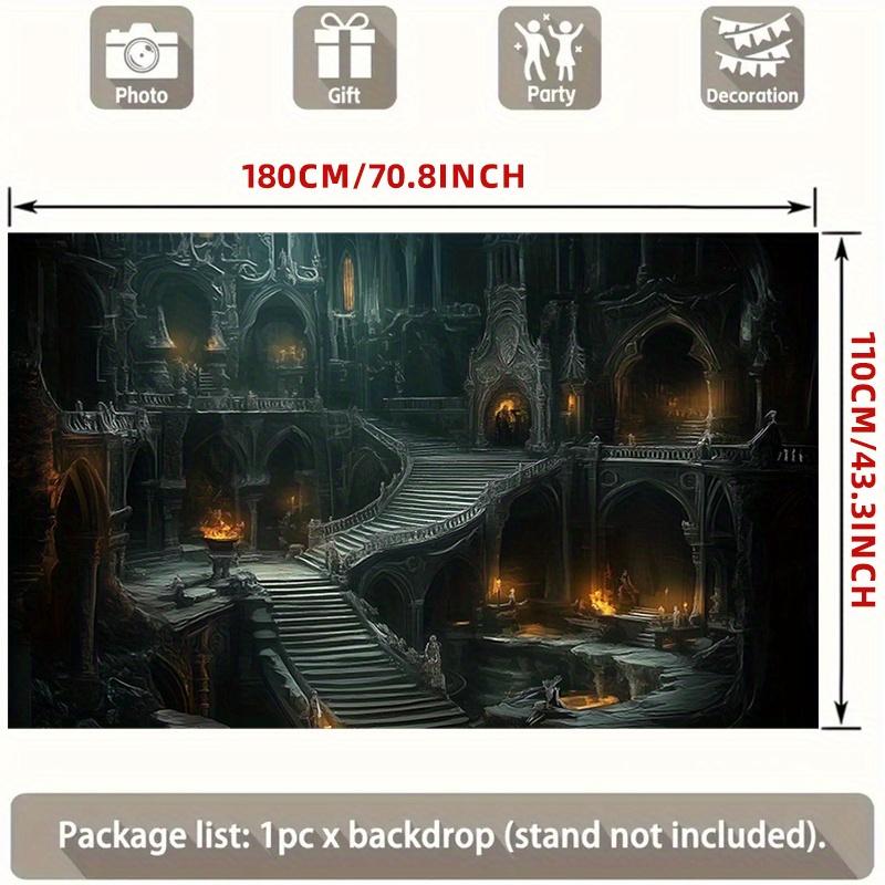 One large banner depicting the interior of a Gothic-style castle - with a dark and terrifying medieval architectural background