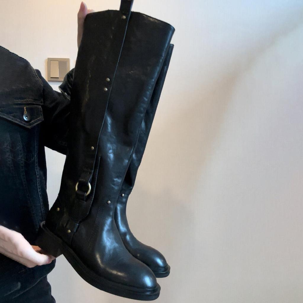 Cowhide version~ High tube temperament metal buckle but knee knight boots women's black leather thick heel side zipper boots