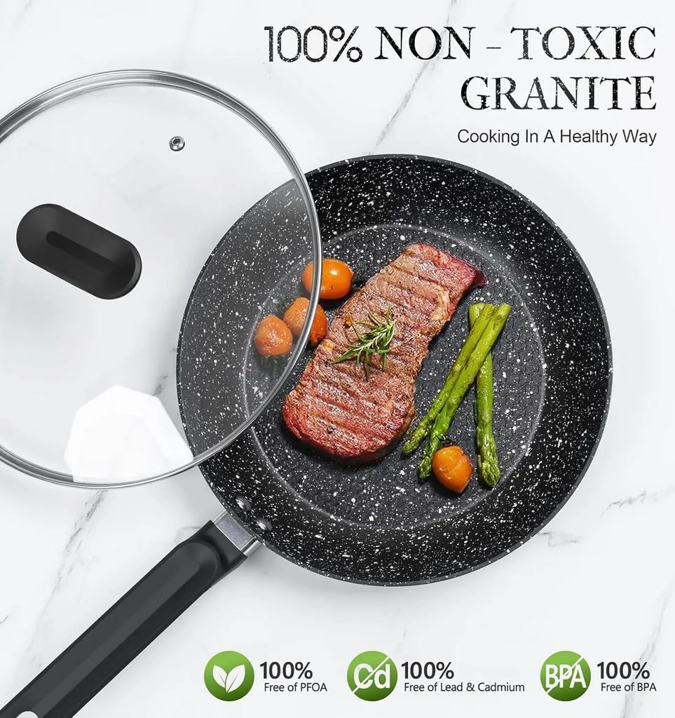 Frying Pan with Lid Nonstick Granite Frying Pan 10 Inch with Non-Toxic Coatings Nonstick Stone Skillet Nduction Compatible