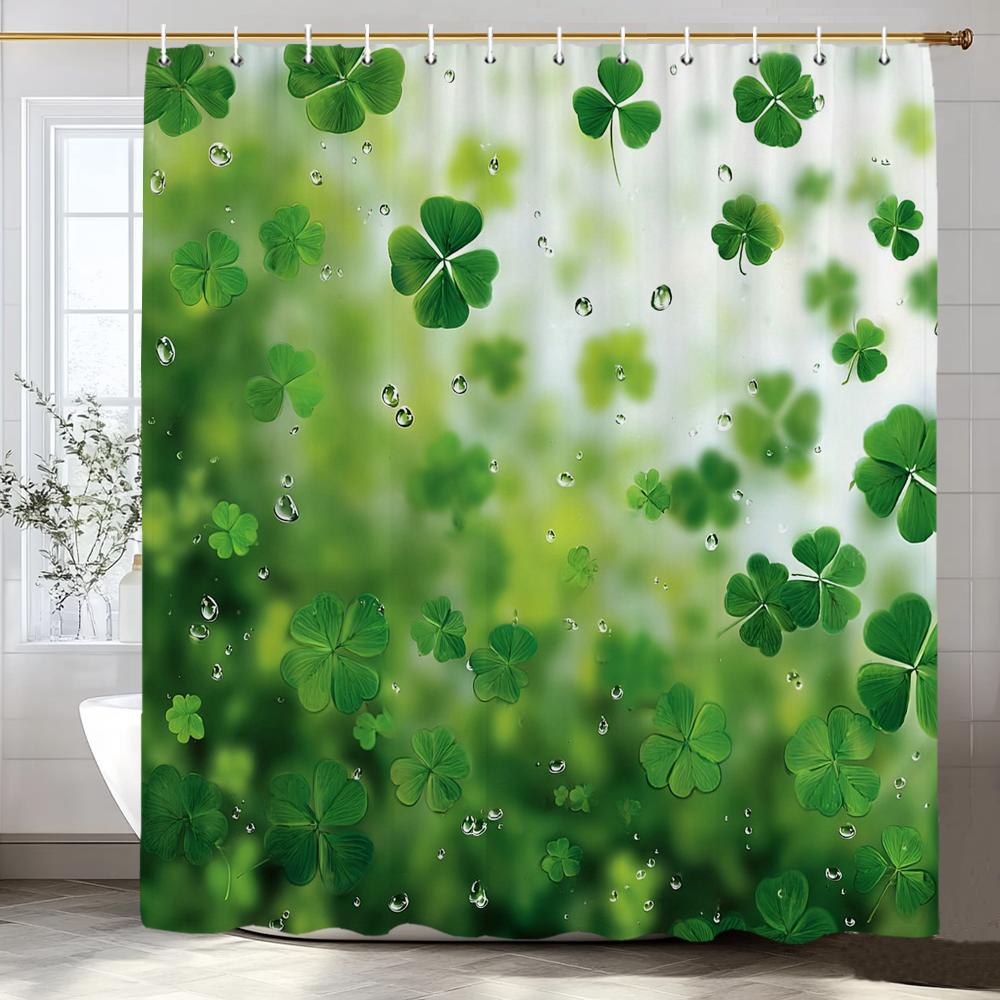 

Green Leaves, Lucky Grass Clover Pattern Shower Curtain, Bathroom Decorative Shower Curtain, Home Curtain with Hooks 90x180cm-35x70in
