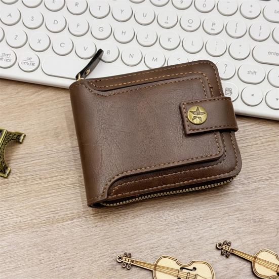 Men Faux Leather Wallet Large Capacity Wallet with ID Window Zipper Button Vintage Front Pocket Anti-Theft Multi-Slots Credit Card Holder