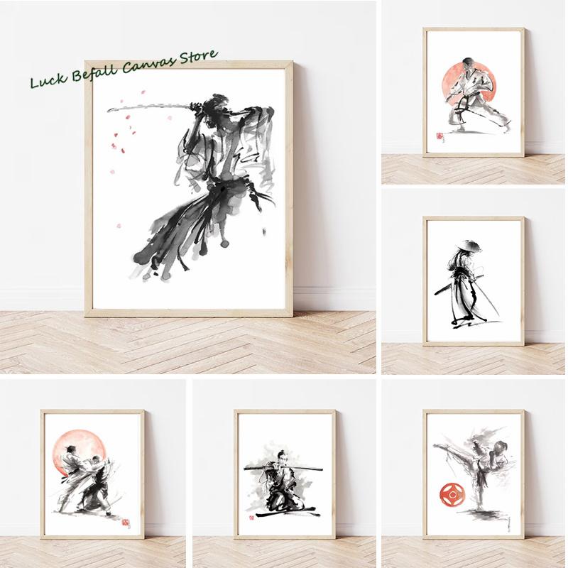 Japanese Minimalist Black Shotokan Samurai Karate Art Ink Canvas Painting Posters and Prints Wall Pictures for Living Room Decor