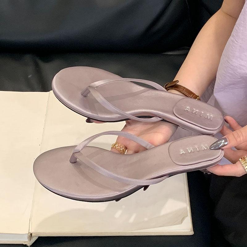 Fashion Red Fashion Round Toe Ladies Low Heel Slippers Sandals Shoes Summer Beach Slides Women Heeled Slippers Shoes Female Flip flops