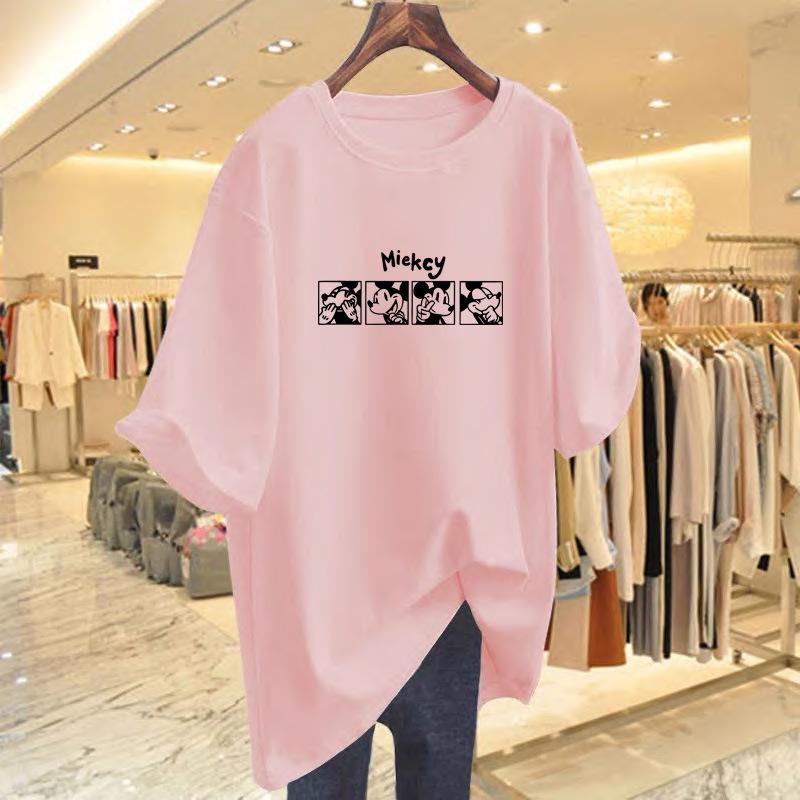 Women's Summer Retro Cotton Print Tee - Loose Fit, Mid-Length, Short Sleeve