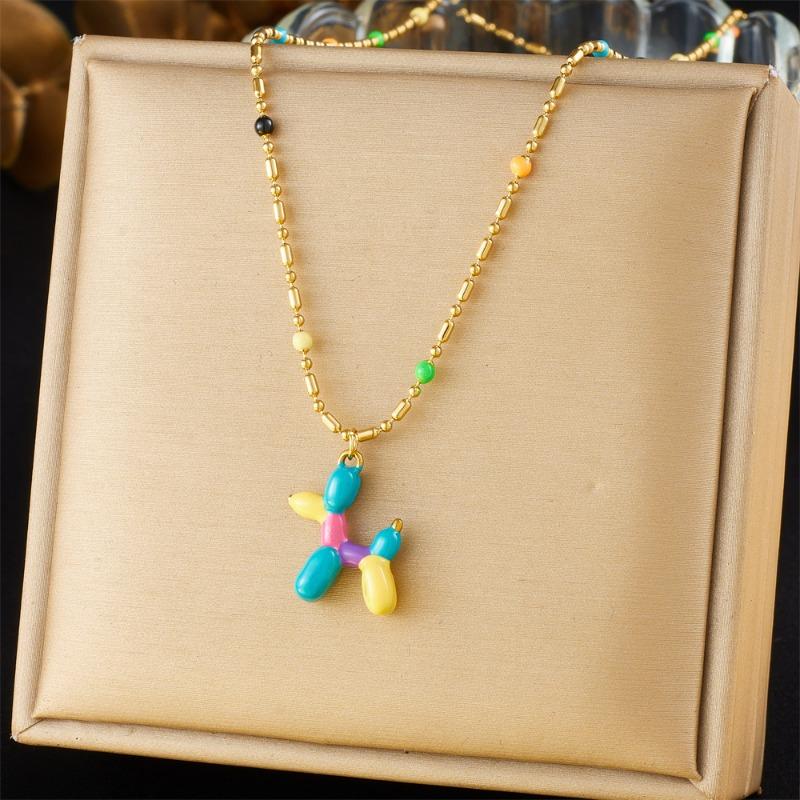 Gold Plated Colorful Balloon Dog Pendant Necklace for Women Stainless Steel Enamel Beaded Chain
