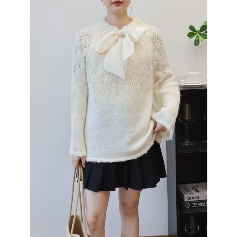 Hollow design lace-up bow sweater pullover autumn and winter new temperament gentle knitted sweater top women