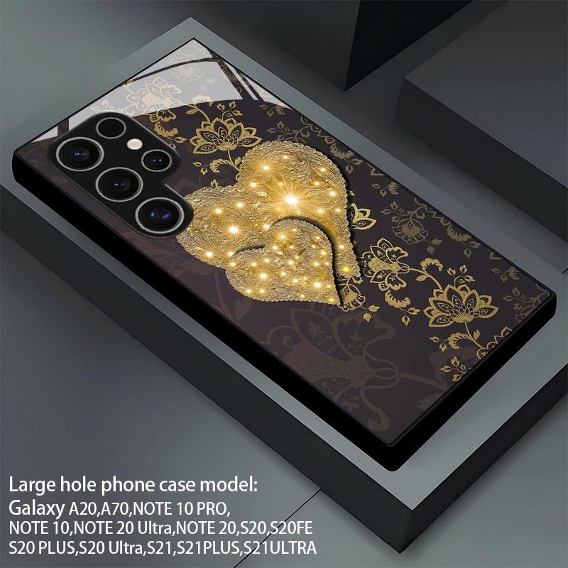 Coque de téléphone 2D à motif cœur doré brillant pour Samsung S26 S25 S24 S23 S22 S21 S20 A56 A55 A36 Housse de protection en verre trempé