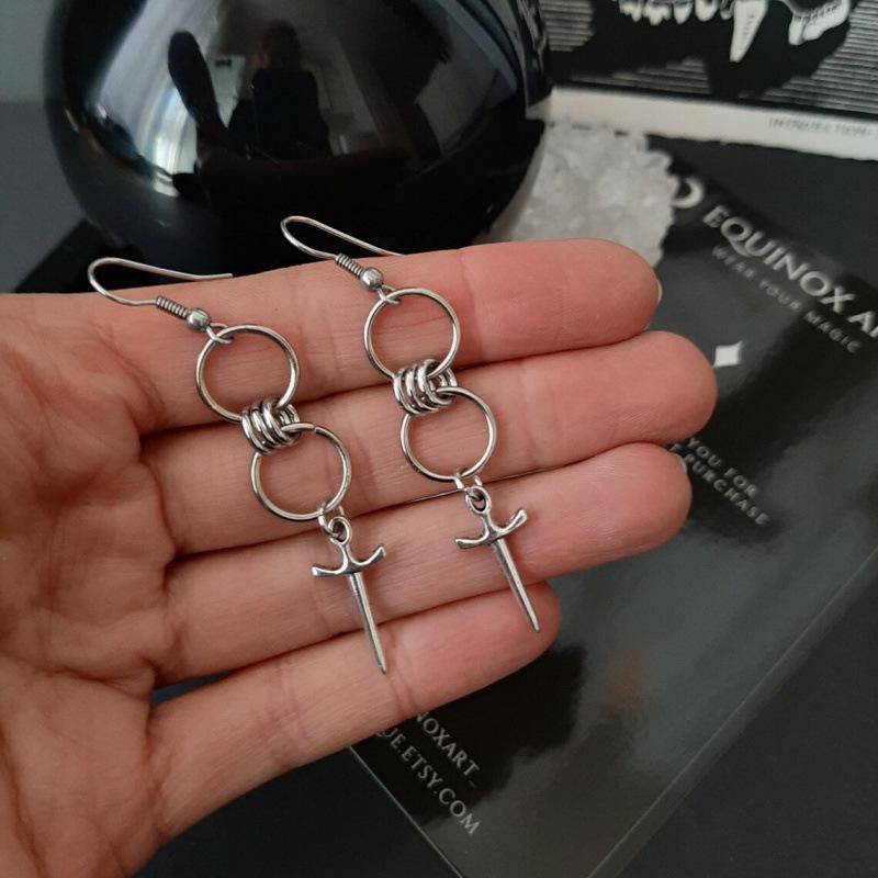 Gothic Double Hoop Earrings with Pendant for Women in Punk Style Zinc Alloy