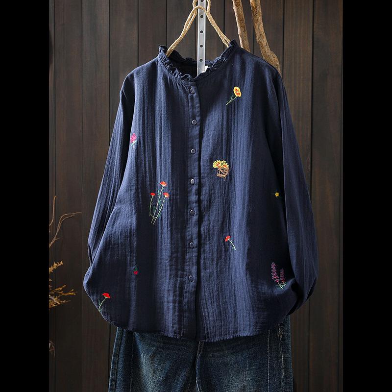Spring/Summer 2026 Women's Embroidered Cotton Linen Cardigan with Ruffled Collar and Long Sleeves.