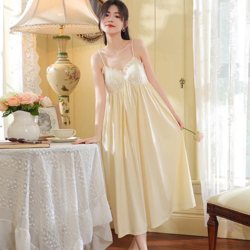 Pure Cotton Suspender Nightdress Women's Summer French Sexy Lace Pure Desire Long Pajama Skirt with Chest Pad Can Be Worn Outside Loungewear