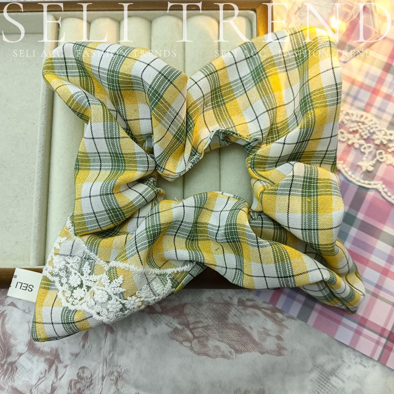 Elegant Coco Style Bow Hair Tie with Lace Trim - Korean Japanese Grid Square Scarf Design