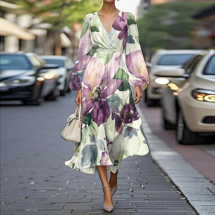 2026 European and American women s clothing v-neck printed dress spring and summer long-sleeved long dress S