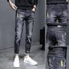 Elastic ripped jeans men's summer thin new slim-fitting small feet trendy brand casual men's long pants