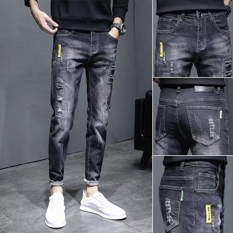 Elastic ripped jeans men's summer thin new slim-fitting small feet trendy brand casual men's long pants