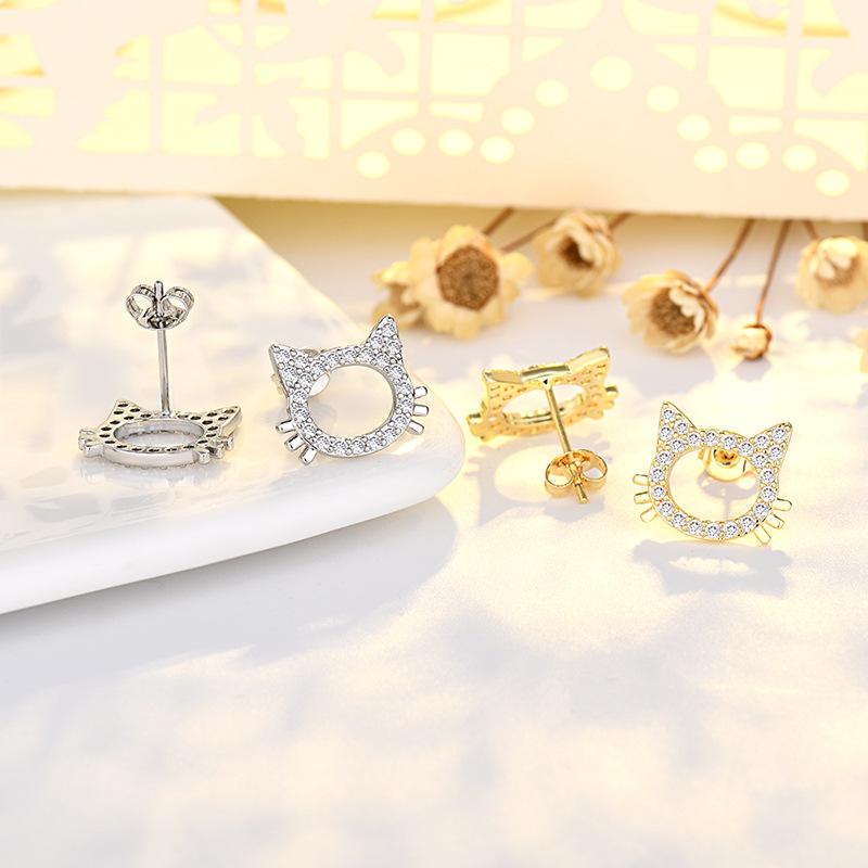 Japanese and Korean High-end Sense Plated Pure Silver Needle Earrings Female Cute Creative Cat Full Diamond Earrings Color-preserving Ear Jewelry 2026