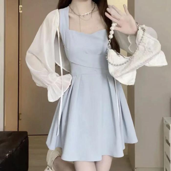 Douyin popular fresh solid color cross-strap suspender skirt girly fashion foreign style waist thin dress