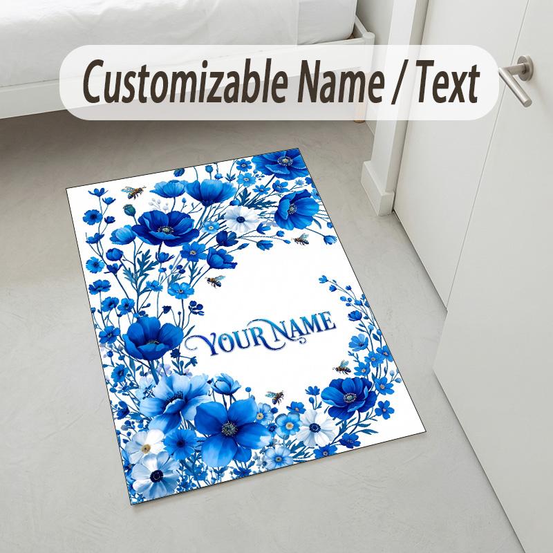 Floral Garden Theme Crystal Velvet Rug Personalized Custom Name Text Soft Floor Mat Home Decor