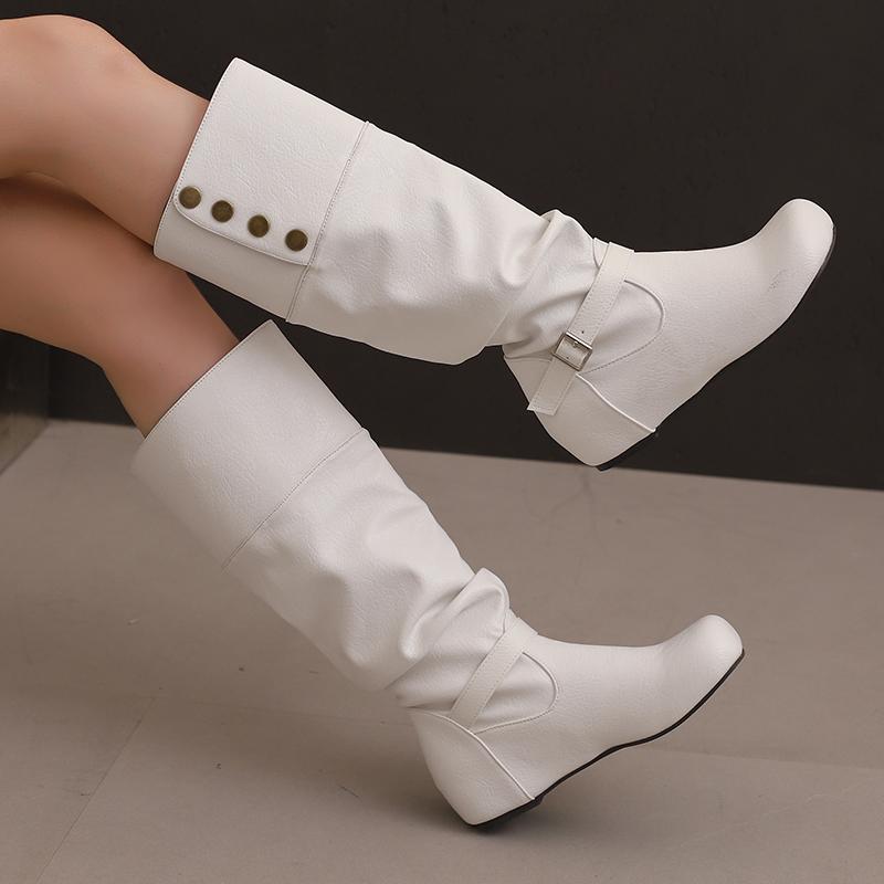 Women's flat-bottomed casual boots autumn and winter new inner height increase solid color large size medium boots