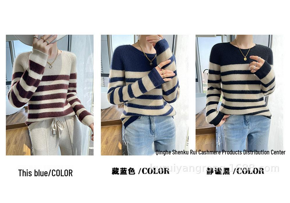 Women's Striped Crew Neck Pure Wool Sweater - Thickened Long Sleeve Knit Cashmere Base Layer for Autumn/Winter